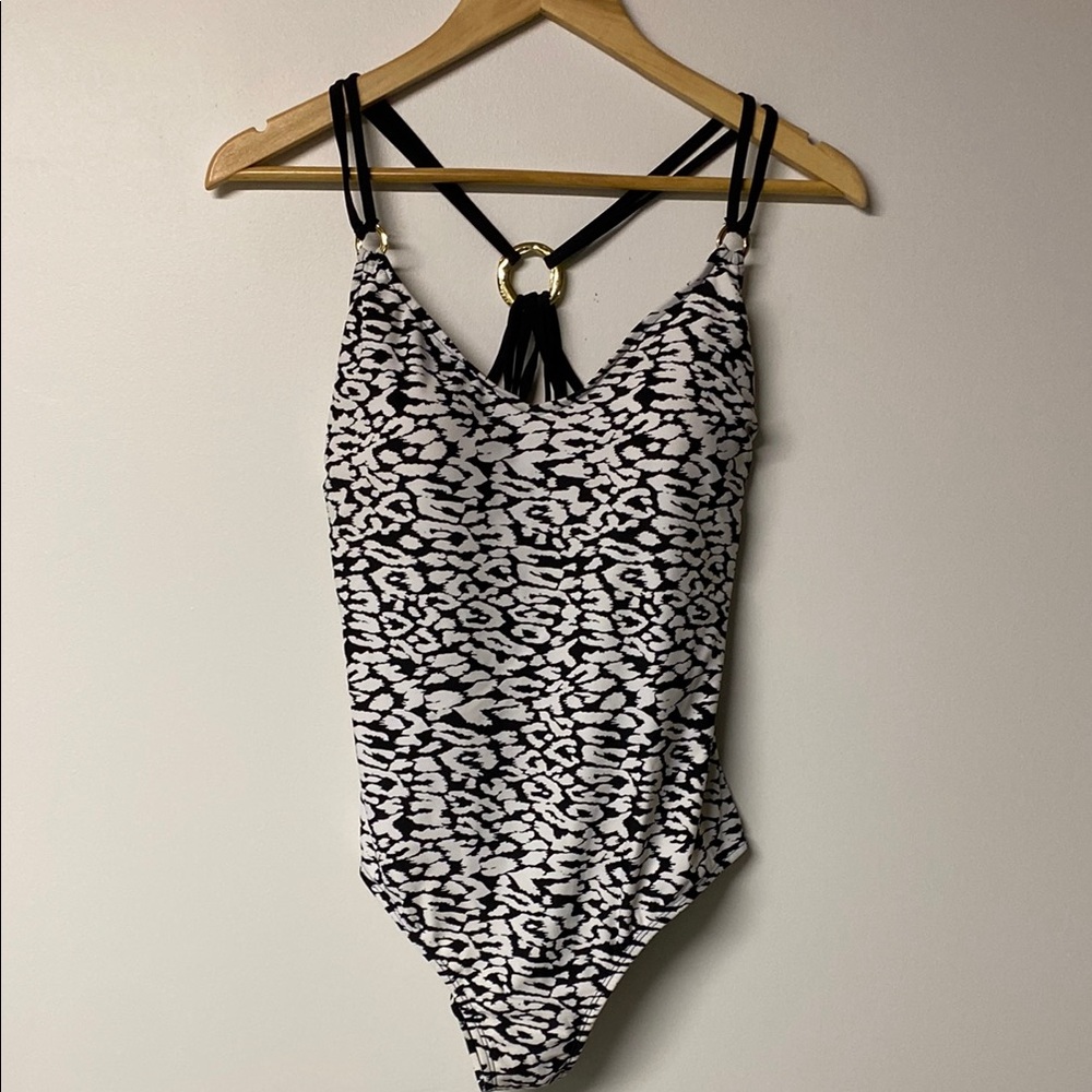 SIMON CHANG Black and White One Piece with Animal Print